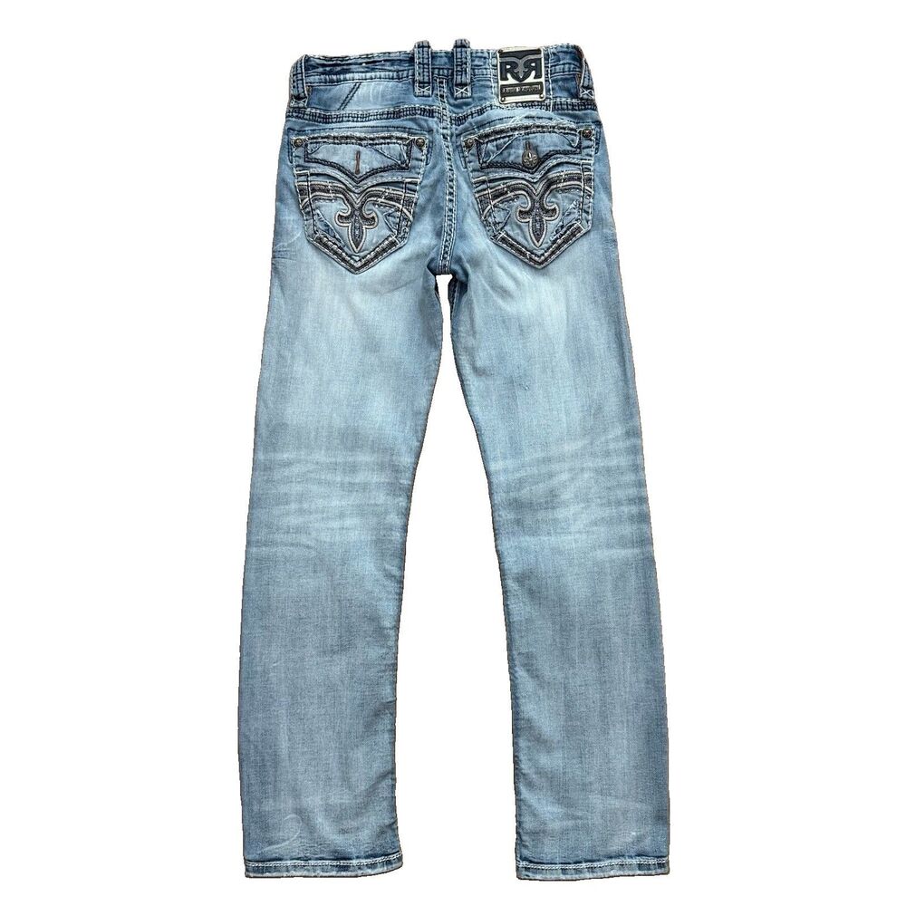 Y2K Rock Revival Marcin Straight Jeans Men 30x30 LightWash Blue Distressed Denim